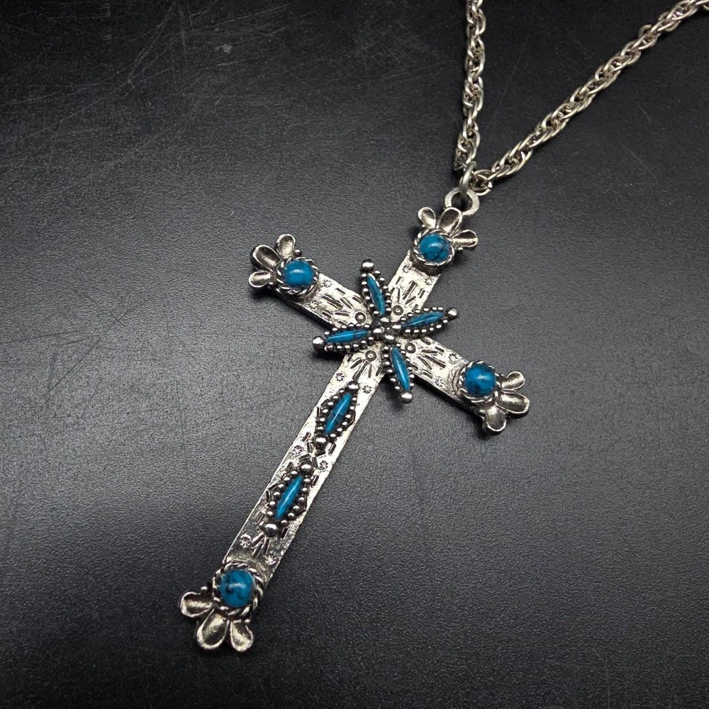 Royal Faux Turquoise Cross Necklace Silver Tone Vintage Costume Jewelry